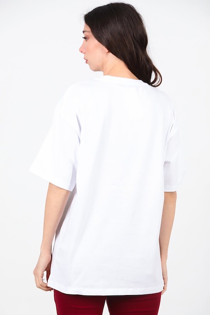 Kadın Bisiklet Yaka Kelebek Pullu Tshırt  Beyaz 6