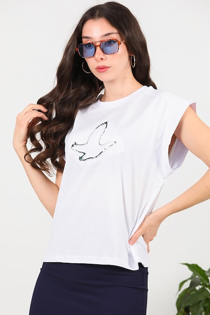 Kadın Baskılı Kolsuz Bluz  Beyaz 6