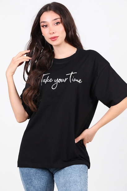 Kadın Ön Yazılı T-shirt  Siyah
