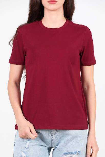 Kadın Omzu Çimalı Basıc Tshırt  Bordo 6