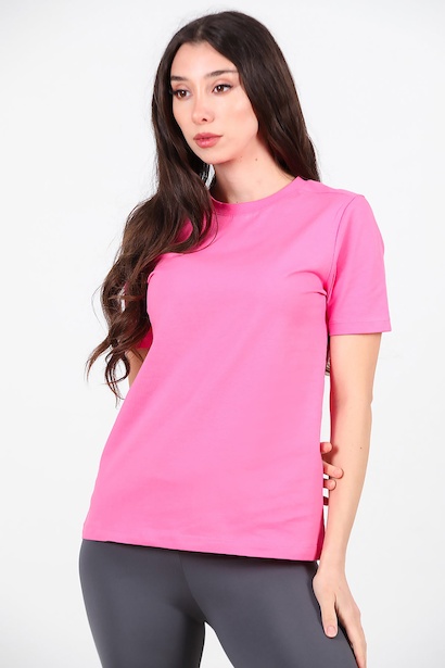 Kadın Omzu Çimalı Basıc Tshırt  Pembe