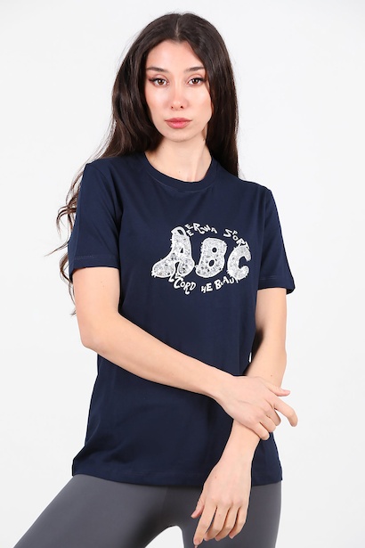 Kadın Bisiklet Yaka Pul İşlemeli Tshırt 