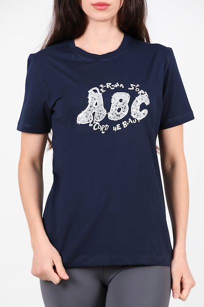 Kadın Bisiklet Yaka Pul İşlemeli Tshırt  Lacivert 6