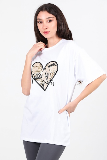 Kadın Pullu Baskılı Owersize Tshırt 