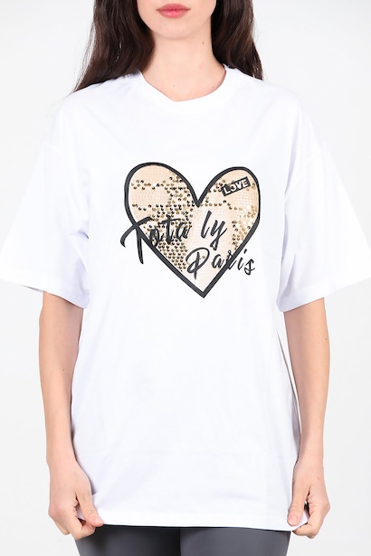 Kadın Pullu Baskılı Owersize Tshırt  Beyaz 6