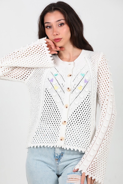 Kadın Kalp Nakışlı Hırka 