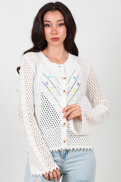 Kadın Kalp Nakışlı Hırka  Ekru 6