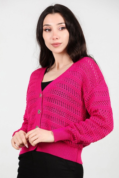 Kadın Ön Düğmeli Hırka  Fuşya 6