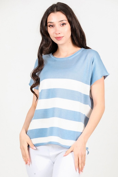 Kadın Çizgili Kısa Kol Triko 