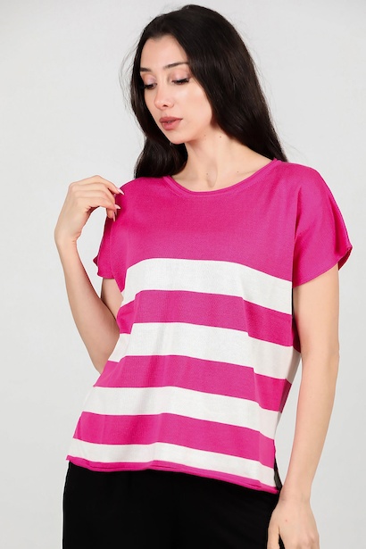 Kadın Çizgili Kısa Kol Triko 
