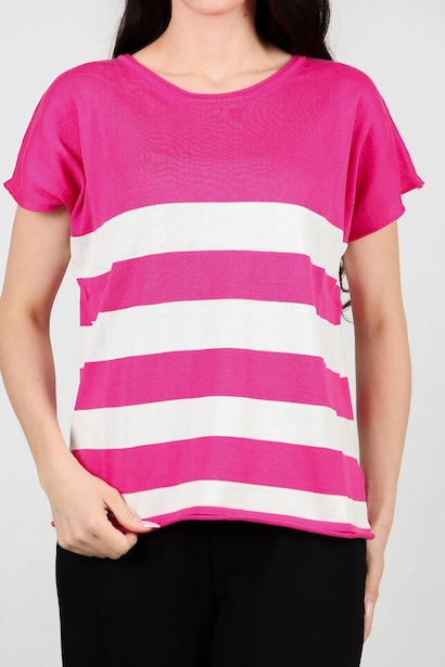 Kadın Çizgili Kısa Kol Triko  Fuşya 6