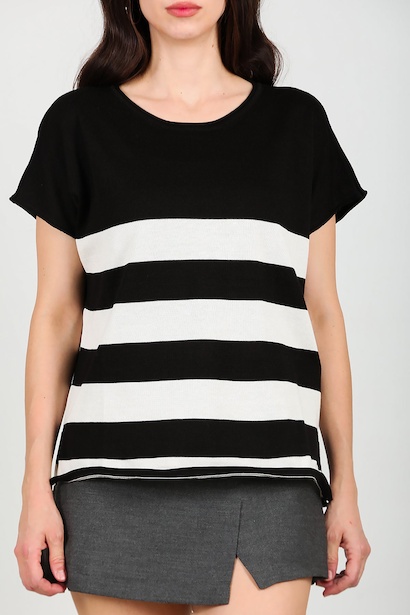 Kadın Çizgili Kısa Kol Triko  Siyah 6