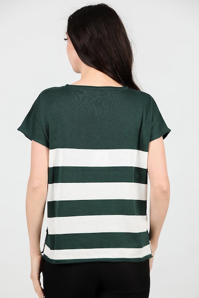 Kadın Çizgili Kısa Kol Triko  Zümrüt 6