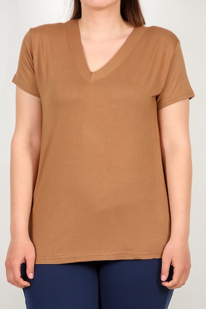 Büyük Beden V Yaka Tshırt  Vizon 6