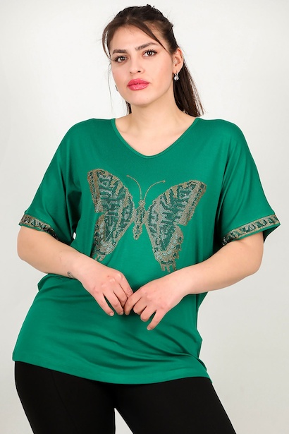 Büyük Beden V Yaka Taşlı Bluz  Yeşil 6