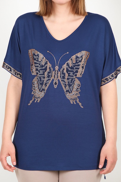 Büyük Beden V Yaka Taşlı Bluz  Lacivert 6