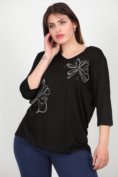 Büyük Beden Taşlı Kapri Kol Bluz  Siyah 6
