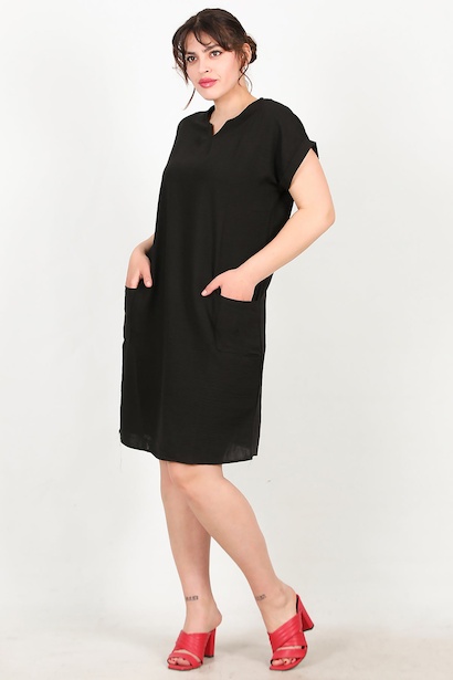 Büyük Beden Cepli Keten Elbise 