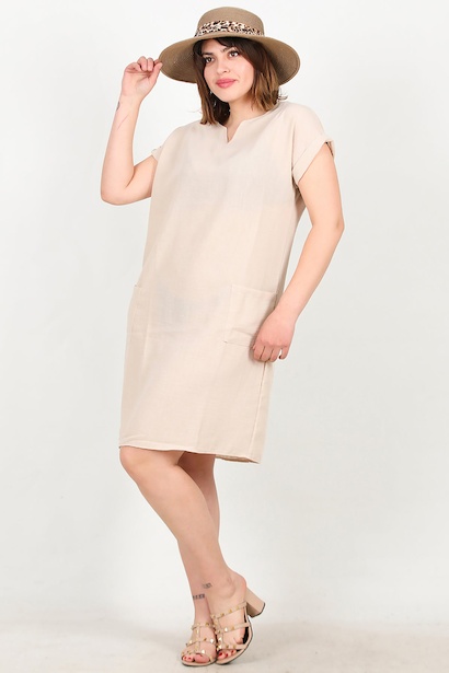 Büyük Beden Cepli Keten Elbise 