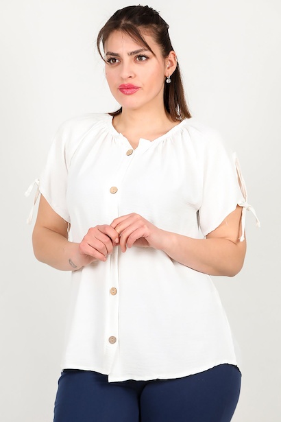 Büyük Beden Önü Düğmeli Yaka Lastikli Bluz 