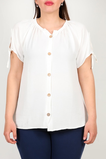 Büyük Beden Önü Düğmeli Yaka Lastikli Bluz  Ekru 6
