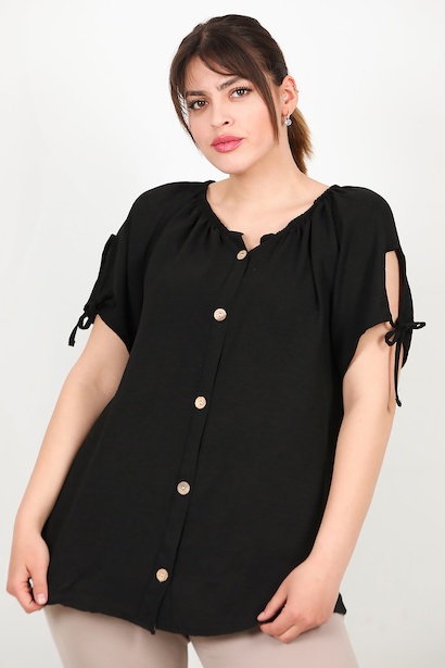Büyük Beden Önü Düğmeli Yaka Lastikli Bluz 