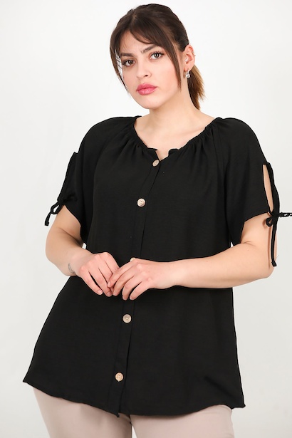 Büyük Beden Önü Düğmeli Yaka Lastikli Bluz  Siyah 6