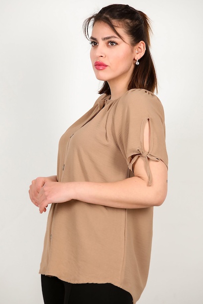 Büyük Beden Önü Düğmeli Yaka Lastikli Bluz 