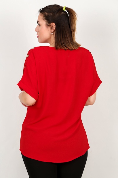 Büyük Beden Omuz Düğmeli V Yaka Bluz  Kırmızı 6