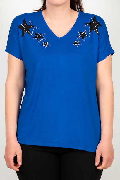 Büyük Beden V Yaka Yıldızlı Bluz  Saks 6