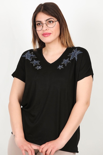 Büyük Beden V Yaka Yıldızlı Bluz  Siyah 6