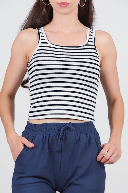 Kadın Kalın Çizgili Askılı Bluz  Lacivert 6