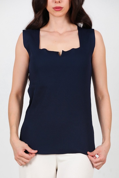 Kadın Kare Yaka Fitilli Bluz  Lacivert 6