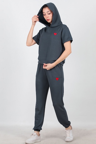 Kadın Kalp Nakışlı İkili Takım  Füme 6