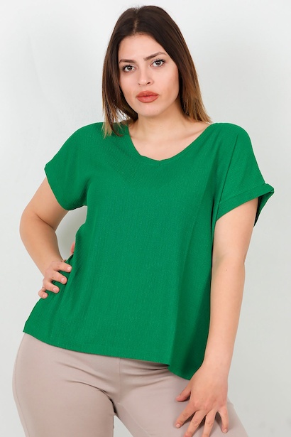 Büyük Beden V Yaka Bürümcük Bluz  Zümrüt