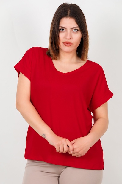 Büyük Beden V Yaka Bürümcük Bluz  Kırmızı