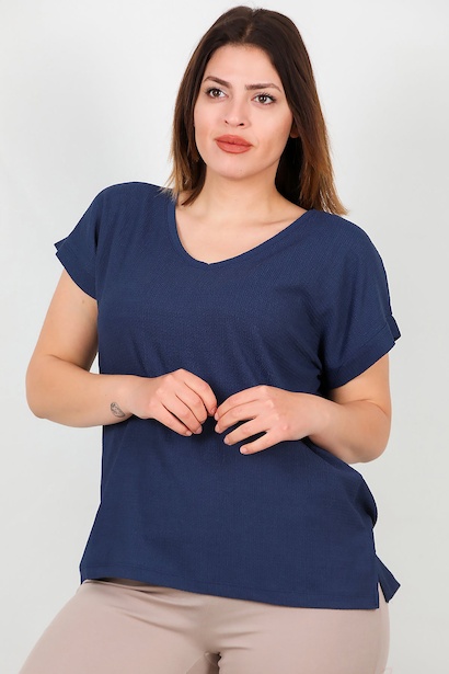 Büyük Beden V Yaka Bürümcük Bluz  Lacivert