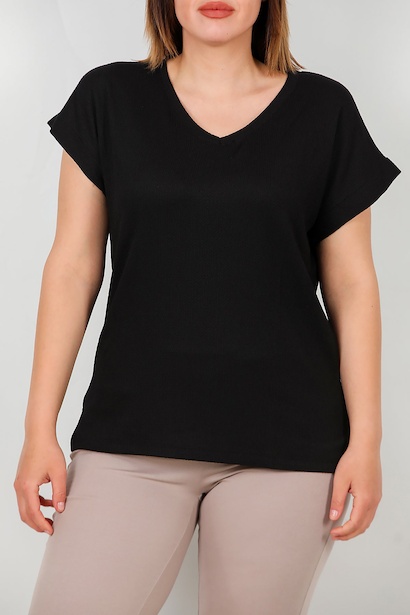 Büyük Beden V Yaka Bürümcük Bluz  Siyah 6