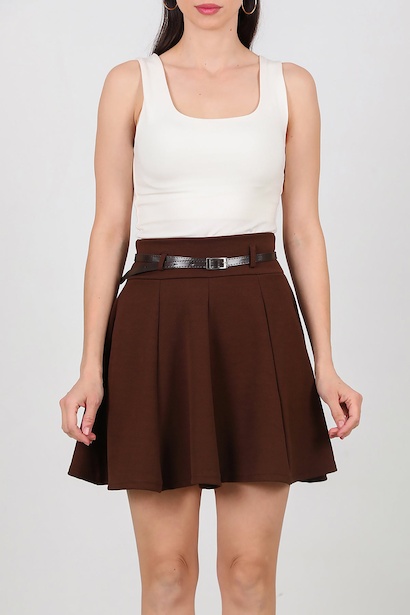 Kadın Kemerli Krep Kısa Etek  Kahverengi 6