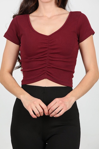 Kadın Ön Arka V Yaka Büzgülü Bluz  Bordo 6