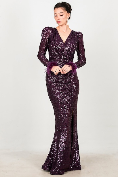 Kadın Kol Ucu Tüylü Uzun Pullu Abiye  Mor 6