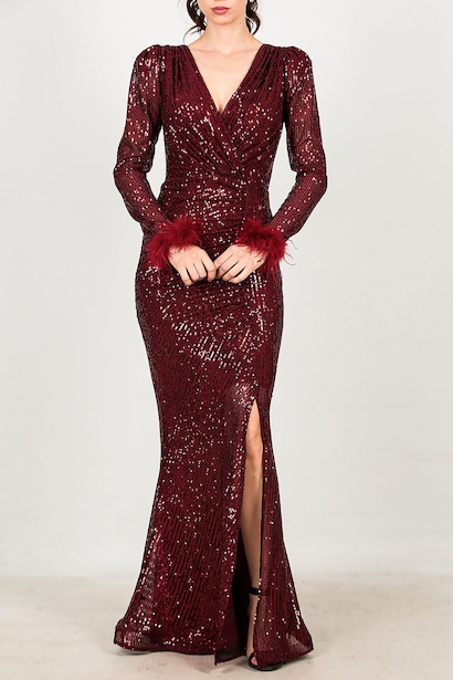 Kadın Kol Ucu Tüylü Uzun Pullu Abiye  Bordo 6