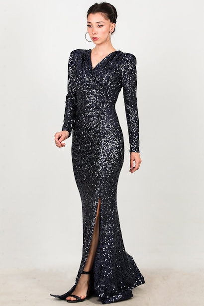 Kadın Uzun Kol Yırtmaçlı Uzun Abiye  Lacivert 6