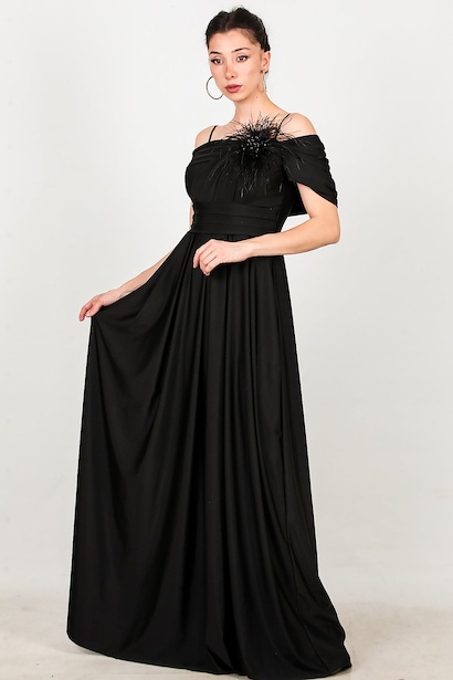 Kadın Göğsü Tül Detay Düşük Omuz Abiye 