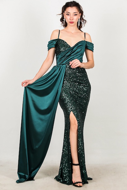 Kadın Saten Detay Düşük Omuz Pullu Abiye 