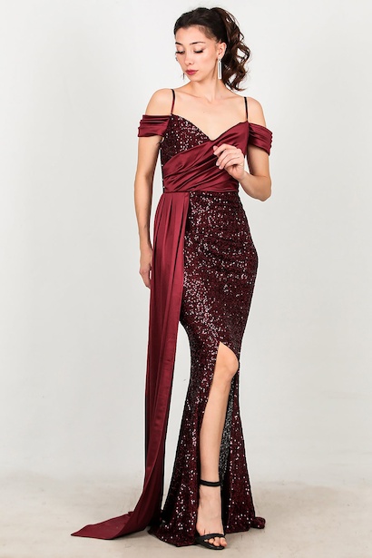 Kadın Saten Detay Düşük Omuz Pullu Abiye 