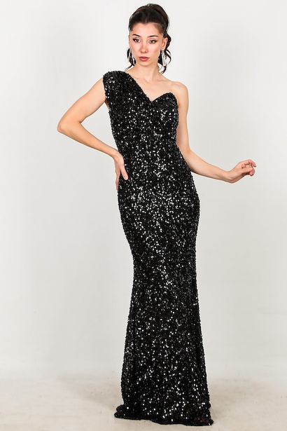 Kadın Tek Omuz Uzun Abiye  Siyah 6