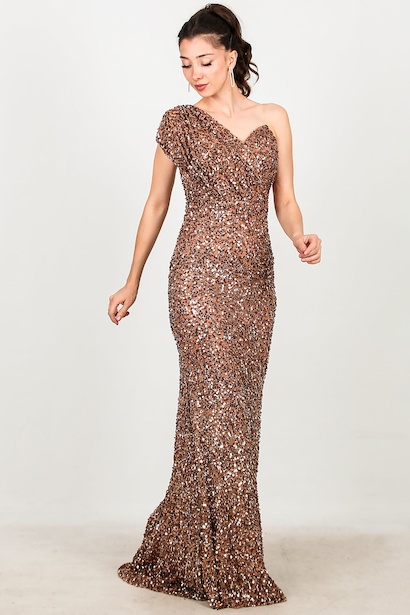 Kadın Tek Omuz Uzun Abiye  Bakır 6