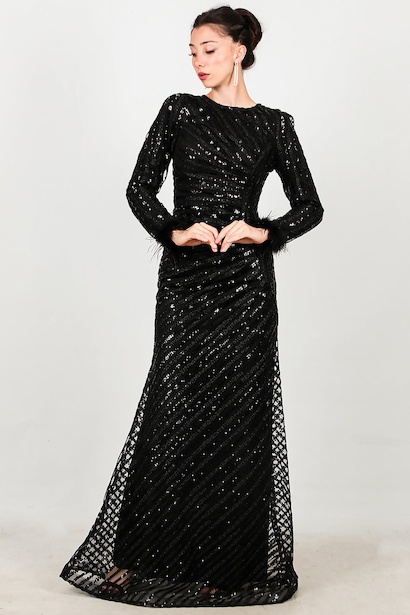 Kadın Kol Ucu Tüy Detay Pullu Uzun Abiye  Siyah 6