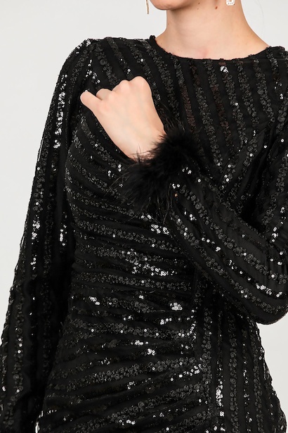 Kadın Kol Ucu Tüy Detay Pullu Uzun Abiye  Siyah 9